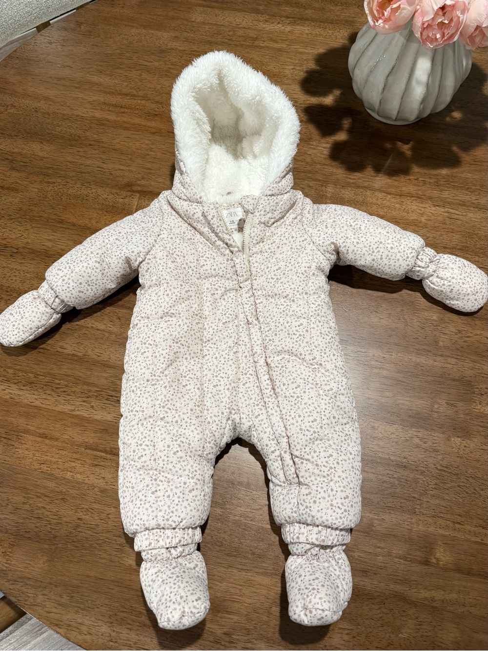 Zara Pale Pink Floral Hooded Footed One-Piece
